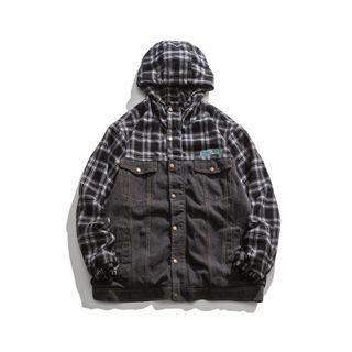 Plaid Hooded Panel Denim Jacket