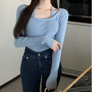Long-sleeve Mock Two-piece Ribbed Knit Top / Plaid Wide Leg Pants