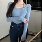 Long-sleeve Mock Two-piece Ribbed Knit Top / Plaid Wide Leg Pants