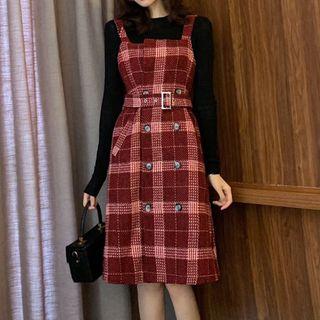 Plaid Jacket / Long-sleeve Top / Plaid Pinafore Dress