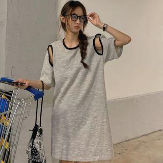 Elbow-sleeve Contrast Trim Cutout T-shirt Dress Melange Gray - One Size
