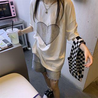 Heart Print Rhinestone Oversized Tee