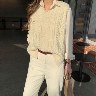 V-neck Cable Knit Vest Cream - One Size