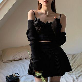 Flower Accent Cropped Camisole Top / Mini A-line Skirt / Cardigan