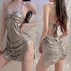 V-neck Slit Night Dress Silver - One Size