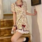 Puff-sleeve Square Neck Floral A-line Dress