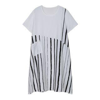 Elbow-sleeve Striped Midi T-shirt Dress White - One Size