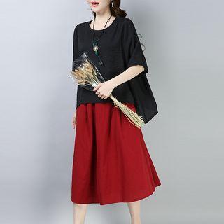 Set: Crew-neck Elbow-sleeve T-shirt + Elastic Waist Midi Skirt