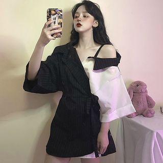 Mock Two-piece 3/4-sleeve Shirt Black & White - One Size