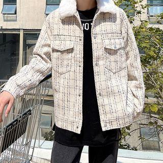 Fluffy Collar Plaid Button-up Jacket