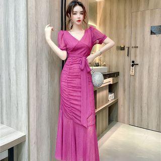 Short-sleeve Tie-waist Midi Sheath Dress