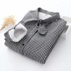 Long-sleeve Checked Fleece-lined Tie-neck Shirt