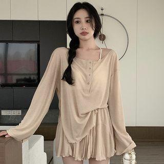 Long-sleeve Button-up Sheer Top / Open-back Cropped Camisole Top / Drawstring Wide Leg Shorts