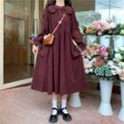 Long-sleeve Buttoned Corduroy A-line Midi Dress Wine Red - One Size