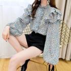 Ruffle Trim Floral Long-sleeve Blouse Blue - One Size
