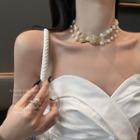 Faux Pearl Layered Necklace Double Layer Pearl Rhinestone - Bow Necklace - Gold - One Size