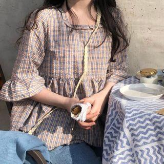 Elbow Sleeve Ruffled Check Blouse As Shown In Figure - One Size