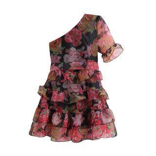 Bell-sleeve One-shoulder Print Mini A-line Dress