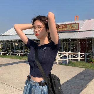 Short-sleeve Embroidered Buttoned T-shirt