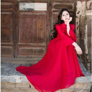 Long-sleeve Frill Trim A-line Maxi Dress