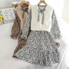 Set: Plain Knit Vest / Floral Printed Long-sleeve Dress