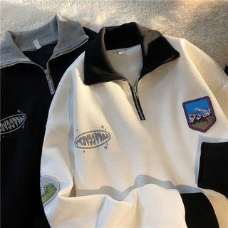 Embroidered Patch Zip Polo Sweatshirt