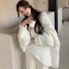 High-neck Plain T-shirt / Loose-fit V-neck Sweater