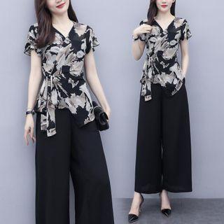 Set: Short-sleeve Floral Print Wrap Blouse + Wide-leg Pants