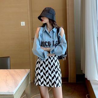 Lettering Print Long-sleeve Blouse / Color-block High-waist Skirt
