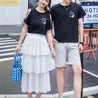 Couple Matching Printed Short-sleeve T-shirt / Shorts / Set: Cold Shoulder Short-sleeve T-shirt + Layered Midi Skirt