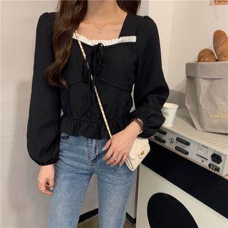 Puff-sleeve Square-neck Cropped Color-block Ruffle Trim Top Black - One Size