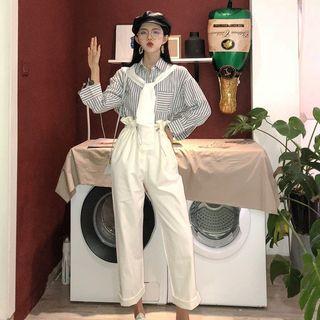 Set: Mock Two-piece Striped Shirt + Cropped Wide-leg Pants