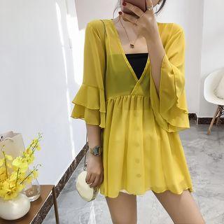 Plain V-neck Flared-sleeve Chiffon Blouse