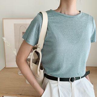 Crew-neck Linen T-shirt Sky Blue - One Size