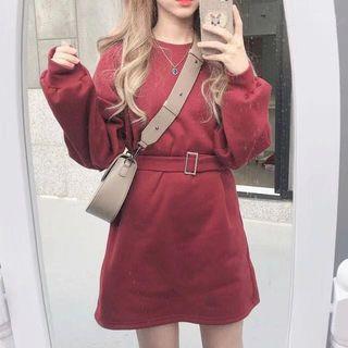 Long-sleeve A-line Dress Vintage Red - One Size