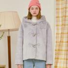 Hooded Toggle-button Faux-fur Jacket Gray - One Size