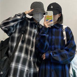 Long Sleeve Two-tone Plaid Fleeced Shirt
