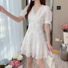 V-neck Lace Trim Floral Mini A-line Dress
