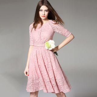 Elbow-sleeved Lace A-line Dress