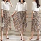 Set: Elbow-sleeve Blouse + Floral Print Midi Skirt
