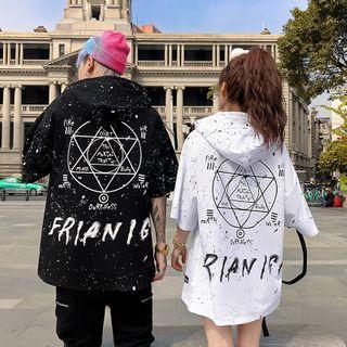Couple Matching Lettering Hooded Elbow-sleeve T-shirt