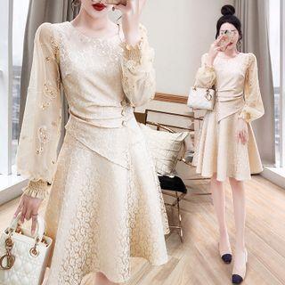 Puff-sleeve Jacquard Sequined A-line Dress