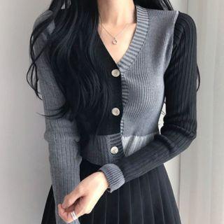 Color Block Buttoned Knit Top Black & Gray - One Size