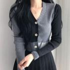 Color Block Buttoned Knit Top Black & Gray - One Size