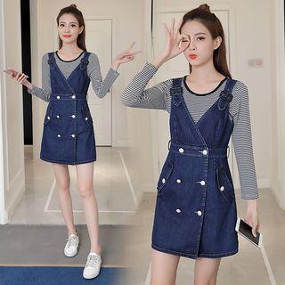 Set: Striped Long-sleeve T-shirt + V-neck Denim Pinafore Dress