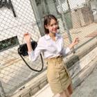 Set: Knot-front Shirt + Belted Cargo Skirt Beige - One Size