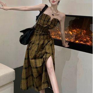 Plaid Tube Top / Midi A-line Skirt