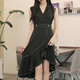 Sleeveless Pinstriped Ruffle-hem Collared Dress