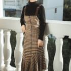 Set: Turtleneck Knit Top + Asymmetric Buckled Plaid Jumper Dress