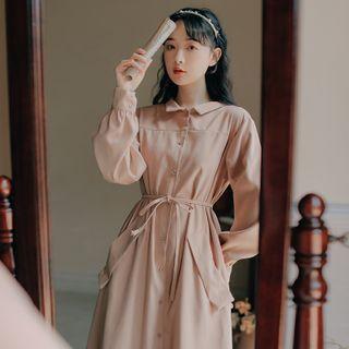 Long-sleeve Stand-collar A-line Midi Shirtdress